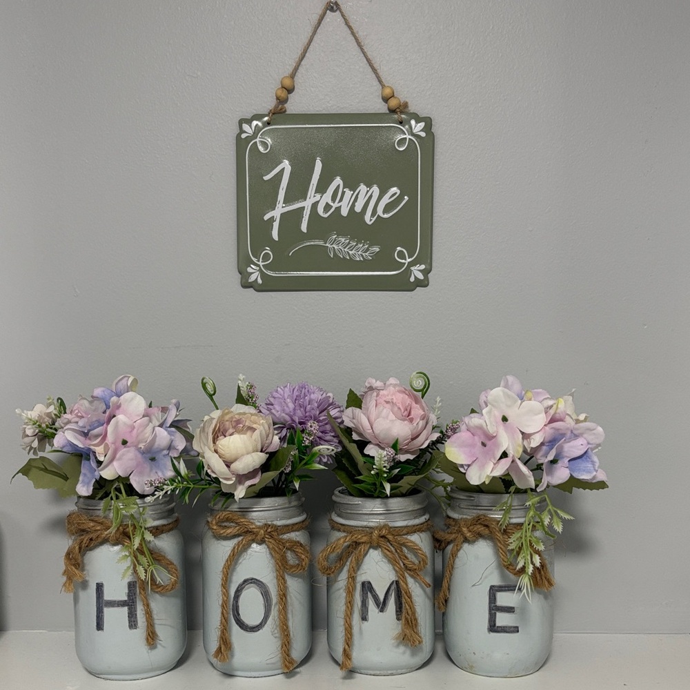 Rustic Mason Jar Set with Pastel Flowers